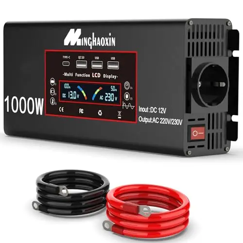 Convertisseur 12V 220V Pur Sinus 1000W/2000W Inverter Convertisseur De Tension avec EU De Courant Alternatif Et 3 Port USB-A Et USB-C De Voiture De Tension Onduleurr pour RV Voiture De Camion