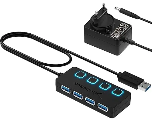 SABRENT Hub USB Alimenté, Ultra-Fast 5 Gbps 4 Port Hub USB 3.0 avec des Commutateurs Et des Voyants d'alimentation Individuels, Multi Hub Adaptateur Mac, Adaptateur Secteur 5V/2.5A Inclus (HB-UMP3)