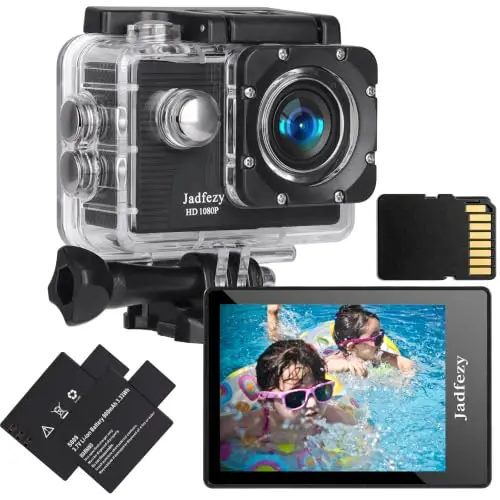 Caméra Sport 1080P FHD avec Carte Mémoire 32GB, Étanche 30M Caméra d'action Grand Angle, avec Deux Piles Rechargeables 900 mAh et Kit d'Accessoires
