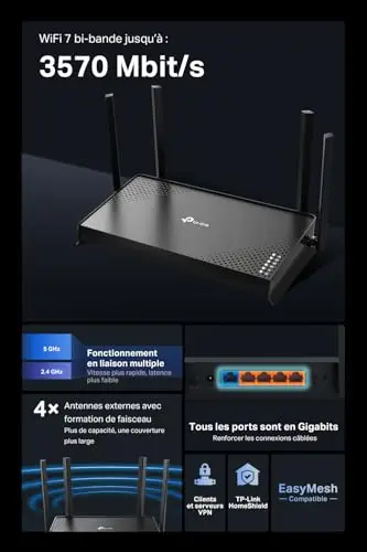 TP-Link Archer BE220 WiFi 7 Router, BE3600Mbps bi-Band jusqu'à 3.6 GB/s, 5 Ports gigabit, 4 Haut Performance Antennas, EasyMesh, WPA3, Parental Control,