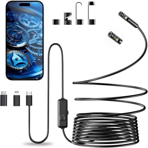 Vexloria Endoscope D'inspection, Camera Endoscopique 1920P HD Serpent Double Objectif, Endoscope Type C, IP68 Etanche Caméra avec 8 Lumières LED pour Smartphone Android et iOS, iPhone, iPad (5 M)