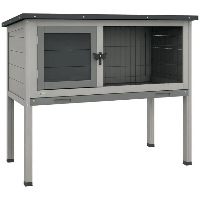 PawHut Clapier sur Pieds Cage à Lapin avec Niche intérieure Plateau excrément Coulissant Porte verrouillable Toit ouvrant Bois de Sapin Gris