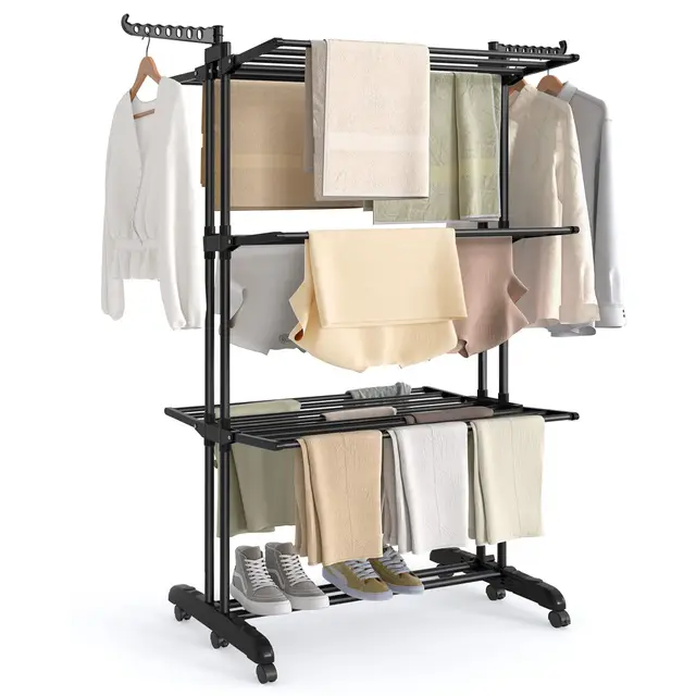 SONGMICS Étendoir à Linge, Séchoir Mobile à 4 Niveaux, avec roulettes, Pliable, 63,5 x 125,5 x 173 cm, Grande Capacité, Utilisation Intérieure et Extérieure, Noir d'encre LLR703BZ02