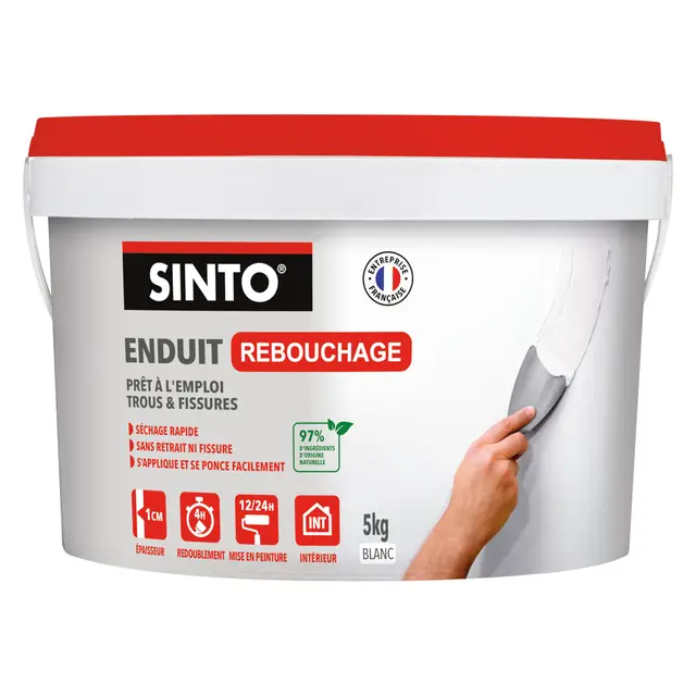 SINTO Enduit de rebouchage pâte blanc 5kg, rebouche trous fissures et gros défauts jusqu'à 1cm, sans retrait ni fissure, séchage rapide, plâtre béton brique et bois, prêt à l'emploi