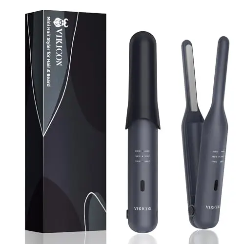 VIKICON Fer à lisser à barbe 2 en 1 pour homme, mini fer à lisser et boucler, sans fil, avec 3 niveaux de température, pour barbe, cheveux courts et voyage (noir)