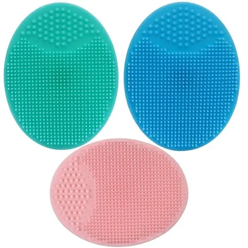 Brosse visage manuelle silicone et Brosse exfoliante pour adultes,Brosse de bain cuir chevelu bebe,Brosse de massage bebe,Brosse à bébé pour Cradle Cap,Brosse en silicone souple (Bleu+Rose+Vert)