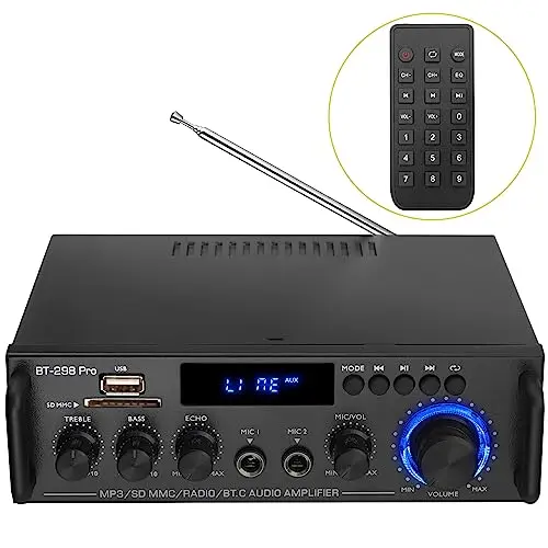 PROZOR Amplificateur Audio Amplifi Hi-F Stéréo Bluetooth avec 2 MIC Réglag Aigu/Basse/Echo Amplifi de Son Carte SD USB FM Entrée Ampli Bluetooth avec Télécommande 230V/12V pour Maison/Voiture