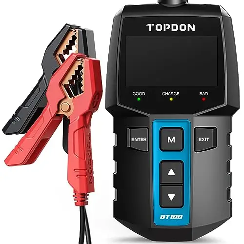 TOPDON Testeur de Batterie BT100, 12V Testeur batterie voiture100-2000 CCA Essai de charge de démarrage avec batterie pour Voitures Motos VTT VUS Yachts