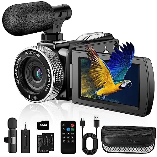 Caméra vidéo 4K 48MP Photo/enregistreur vidéo 4K 60FPS, caméscope numérique pour Youtube Vlogging avec Microphone sans Fil/Carte SD/2 Piles/télécommande