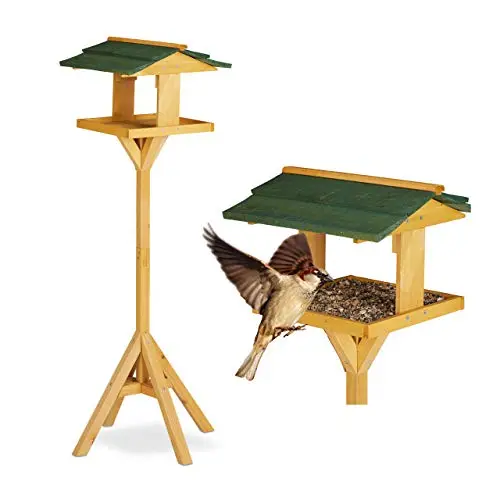 Relaxdays, vert, Abreuvoir, Maisonnette oiseau sur pied pour jardin et balcon, grosse mangeoire,117cm, nature Adulte unisexe, 117 x 34 x 36 cm