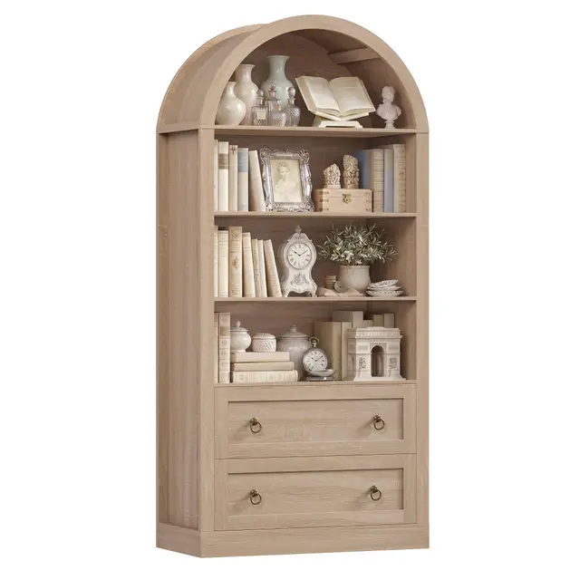 FirFurd Bibliotheque Meuble de Rangment avec 2 Tiroirs 4 Etagère Bibliotheque Livre en Forme d'arc Bibliotheques pour Salon Bureau Cuisine 177x79,5x36cm Chêne
