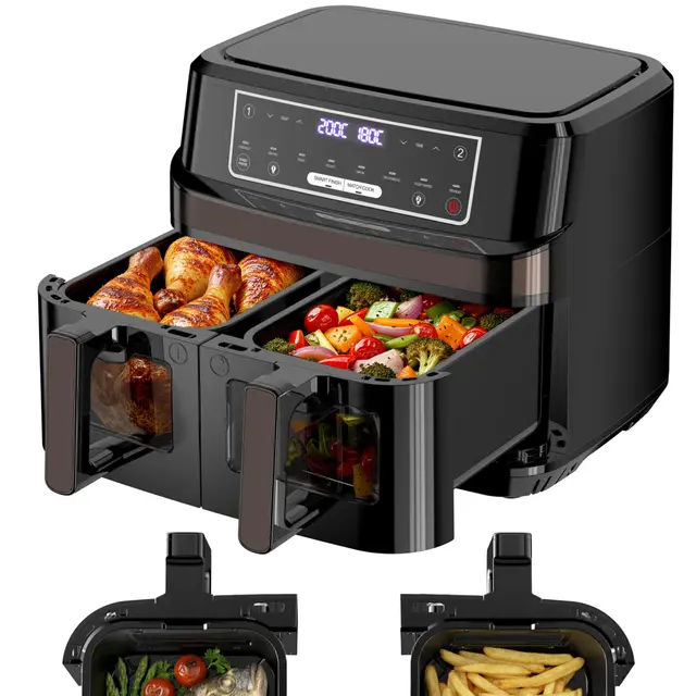 Air Fryer Double Compartiment | 10L Friteuse à Air Chaud Fenetre Visible Contrôle Individuel Température, 8-en-1 Friteuse Sans Huile Commande Tactile max 200℃,Friteuse Airfryer 2600W Éclairage Intégré