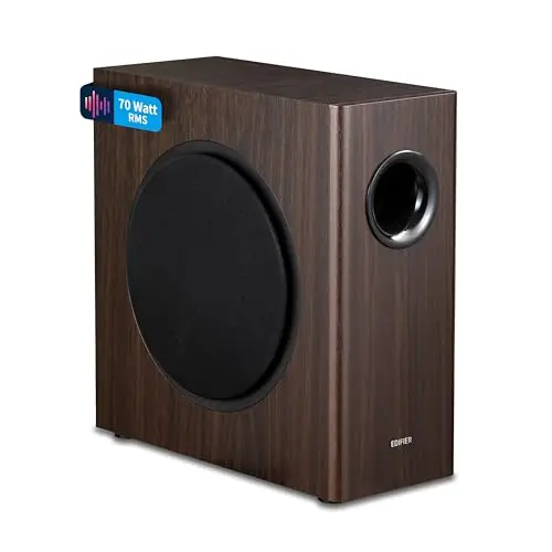 EDIFIER T5s CAISSON DE BASSE ACTIF – Haut-parleur de 8 pouces, 70W – Filtre passe-bas – Fréquence jusqu'à 35 Hz – Boîtier MDF pour une résonance réduite – Connexions RCA – Design intemporel (T5s BOIS)