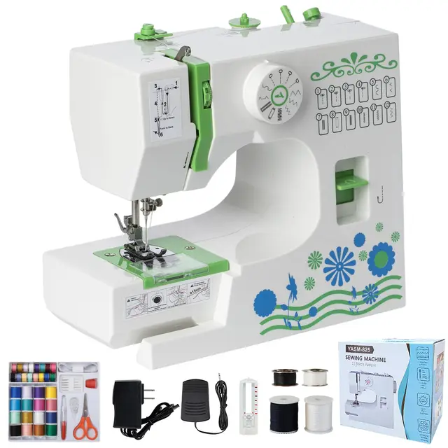 Machine à Coudre Portable Débutant, Qoosea 12 Modèles de Points Sewing Machine avec Kit Accessoires et Lumière LED, Multifonction Petite Machine à Coudre électrique pour DIY et Vêtements Vert