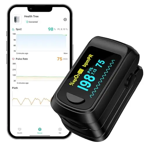 HealthTree JKS50C Oxymetre de Doigt Bluetooth, Saturometre Oxymetre, Grand écran OLED, 5-8s Lecture Rapide, Indice de Perfusion, Fréquence Cardiaque et SpO2 avec Alarme, pour Maison, Sport et Voyages