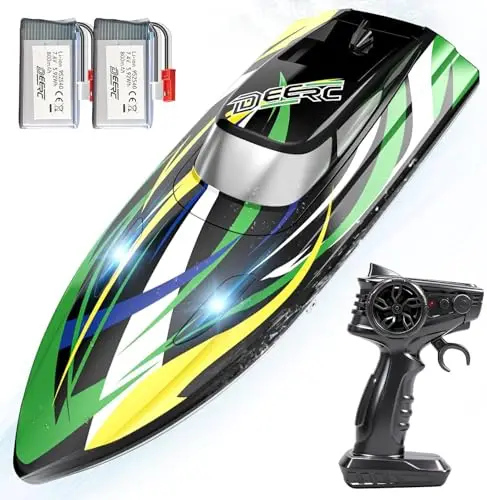 DEERC Bateau Télécommandé Haute Vitesse avec Lumières LED, Bateau Course RC Rapide Auto-Redresseur, 2 Batteries pour Plus de 24 Minutes d’Autonomie, Télécommande 2.4GHz, Jouet pour Enfants et Adultes