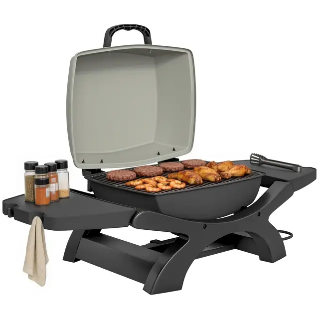 Outsunny Barbecue électrique extérieur 2300W portable avec grilles émaillées, barbecue de table, étagères latérales amovibles, crochets, bac de récupération, pour terrasse, balcon, petit espace, noir