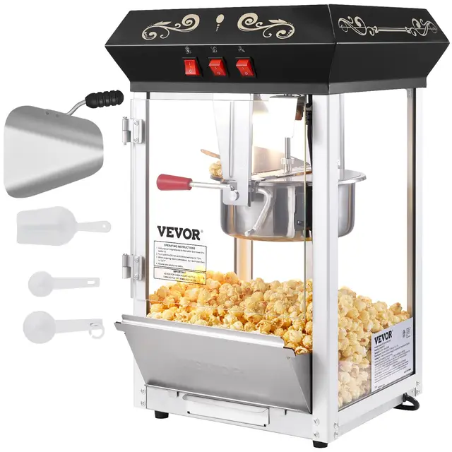 VEVOR Machine à Pop Corn 850 W, Appareil à Pop-corn de Comptoir Électrique, Bol de 227 g pour 48 Tasses par Lot, en Verre Trempé, avec 4 Cuillères, Style cinéma, Facile à Nettoyer, Fête Magasin, Noir