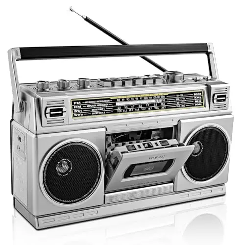 Boombox Rétro Années 80 avec Bluetooth et Lecteur Cassette | Radio AM/FM/OC, Son Graves Puissants 24W, Support USB/Micro SD, Portable pour Intérieur et Extérieur
