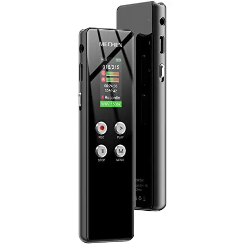 MECHEN Enregistreur Vocal 64 Go, Enregistrement HD en Un clic (1536 kbps), Avant enregistreur Vocal, réduction du Bruit Automatique, Lecteur MP3, Protection par Mot de Passe, Batterie 300 mAh (64GO)