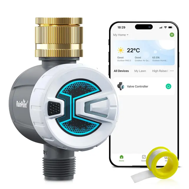 RAINPOINT Programmateur Arrosage Bluetooth avec Entrée en Laiton, Minuteur Arrosage Automatique avec Retard de Pluie/Arrosage Manuel pour Jardin, Pelouse, Télécommande App