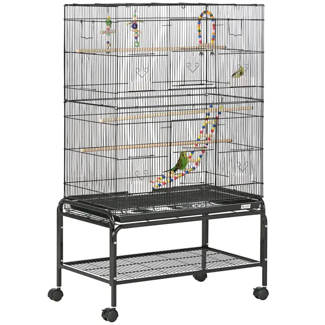 PawHut Cage à Oiseaux avec Support à roulettes - Volière Grande Taille 79x49x133cm pour Perruche Canari - 10 Portes et 1cm Espacement, Espace Spacieux avec Accessoires et Nettoyage Facile, Noir