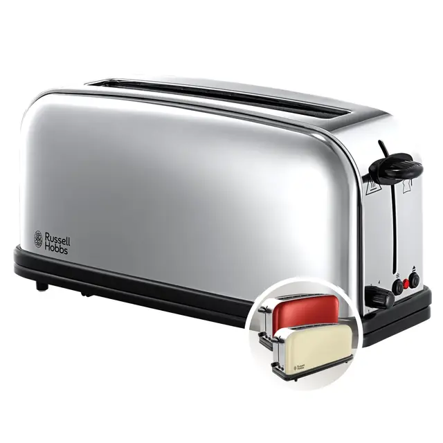 Russell Hobbs Grille Pain [Fente longue 2 Toasts/ 1 Tranche baguette] Victory Acier Inox (6 Niveaux de Brunissage réglables, Surélévation, Décongèle, Réchauffe viennoiserie, 1000W) Toaster 23510-56