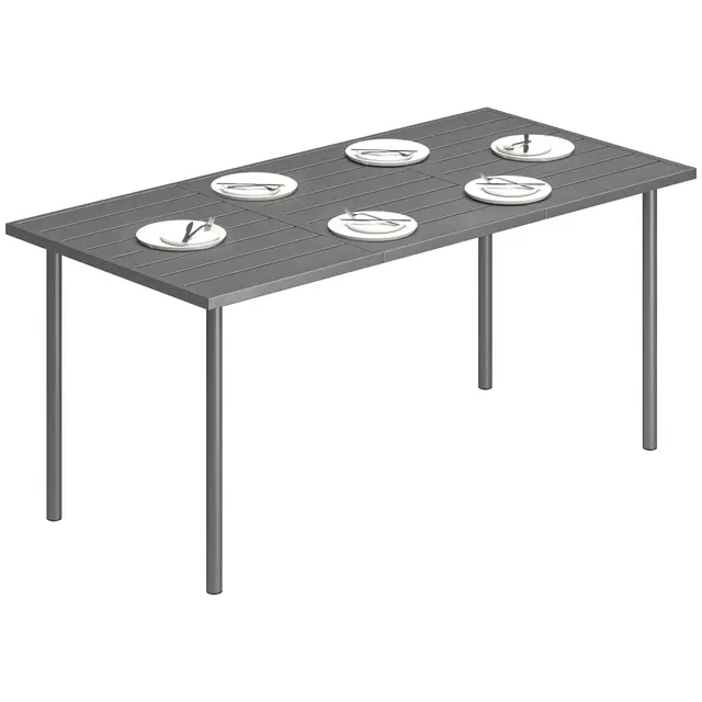 Outsunny Table de Jardin pour 6 Personnes, 165 x 80 cm, Table à Manger extérieure rectangulaire avec Plateau à Lattes en métal, mobilier de Patio Tout Temps pour Balcon, terrasse, Gris foncé