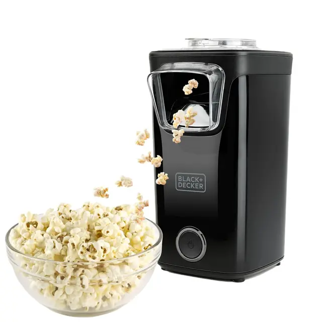 BLACK+DECKER BXPC1100E - Pop Corn 1100W | Machine à Pop Corn sans Huile | Format Compact | prêt en 3 Min | Gobelet doseur Multifonction | Cuisson à air Chaud | Noir