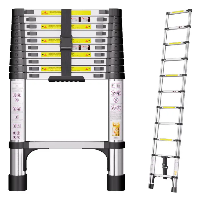 Échelle Télescopique 3,18m en Acier Inoxydable, Échelle Extensible avec Pieds Antidérapants, Échelle Portable à Hauteur Réglable pour Grenier, Toiture, Camping-Car