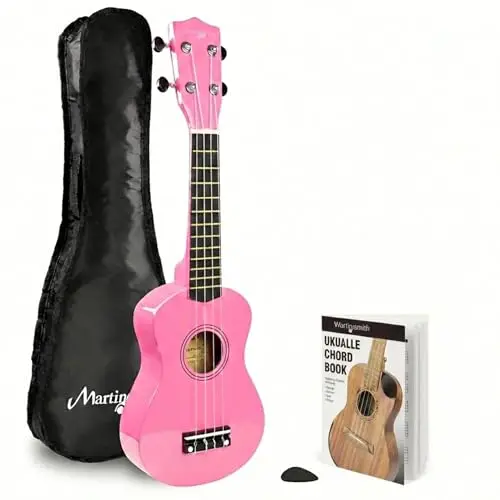 Martin Smith Ukulélé Soprano 21 Pouces, Set Débutant Acoustique 4 Cordes pour Enfants et Adultes avec Housse et Livre d’Accords, Rose