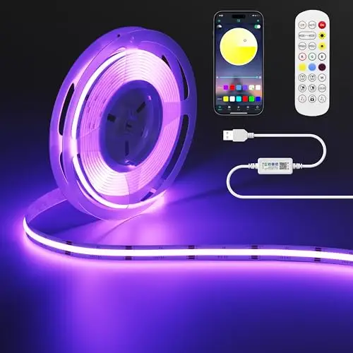 OULARA USB RGB Ruban LED COB 5V 2m, 1200LEDs Couleur Changement Bande Lumière, Multicolore Flexible LED Light avec Bluetooth App Contrôle pour Télévision, Chambre à Coucher, Fête, DIY Décoration
