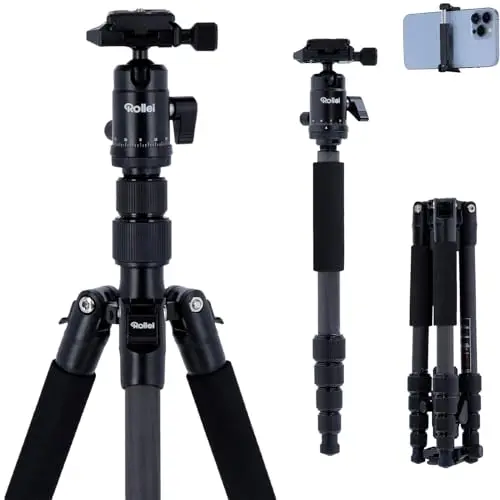 Rollei Compact Traveler No.1 Carbone Noir, 145cm Trepied Appareil Photo Voyage avec Rotule Ball & Téléphone Support Trépied Ultra Léger pour Sony Canon Nikon DSLR, Trepied-Appareil-Photo-Tripod-Voyage