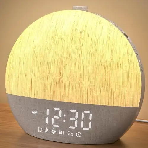 LIORQUE Réveil Lumineux Simulateur d'Aube, Reveil Simulateur d'Aube sur Lampe de Chevet, 17 Modes d'éclairage, 30 Sons apaisants, Mode Sommeil, Connexion Bluetooth, avec Alarme et Fonction Snooze