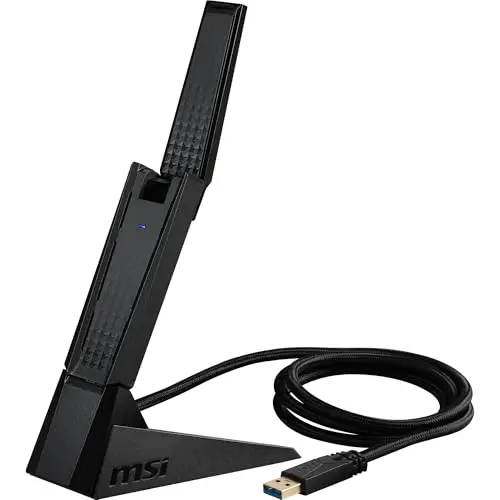 MSI AXE5400 Adaptateur USB WiFi 6E tri-Bande - WLAN jusqu'à 5400 Mbps (6 GHz, 5 GHz, 2.4GHz sans Fil), USB Type-A 3.2 Gen 1, MU-MIMO, antenne réglable, Beamforming, WPA3 - Support Filaire Inclus