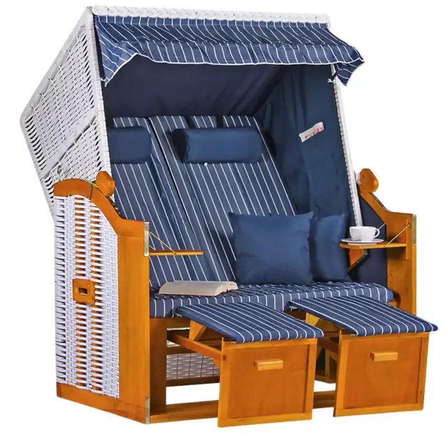 MR. DEKO® Strandkorb Baltique rotin PE Blanc Bleu | qualité Premium | résistant Pluie Vent | Fauteuil-Cabine détente | mobilier de Jardin et Balcon extérieur, Coin Repos Chic