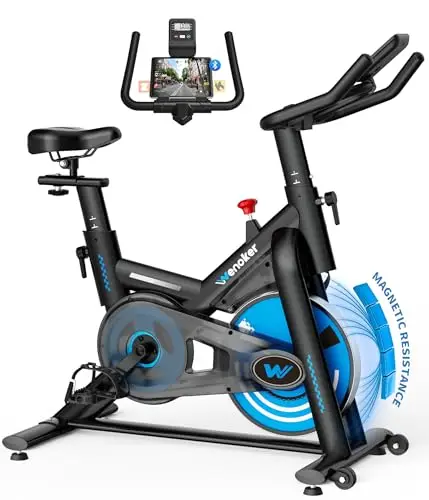 WENOKER Vélo d'appartement avec application et résistance réglable, vélo de spinning silencieux avec écran LCD, ergomètre jusqu'à 160 kg, vélo de fitness pour entraînement cardio, à la maison