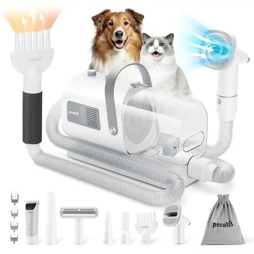 Kit de Toilettage Chien Chat Silencieux 55dB – Pecute Aspirateur Souffleur 3-en-1, Séchage Rapide Après Pluie, Tondeuse Animaux Sensibles au Bruit, 7 Accessoires de Toilettage, Capacité 1,7L