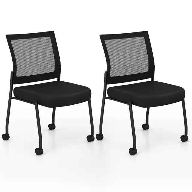 GIANTEX Lot de 2 Chaises de Conférence Empliable, Chaises de Salle de Réunion avec Roues, Dossier en Maille, Assise Rembourrée, Sièges de Visiteur Rembourrée pour Bureau, Salle d'Attente, Noir