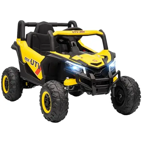 AIYAPLAY Voiture électrique enfants UTV 12 V, buggy électrique enfants avec télécommande 2,4G, démarrage lent, système de suspension, lumières, musique, port USB, pour garçons et filles 3-5 ans, jaune