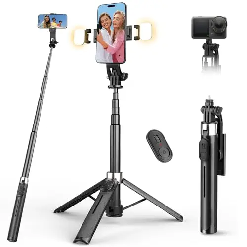 110cm Perche à Selfie avec Trépied et Lumière, Trepied Smartphone avec Télécommande, Trépied Téléphone Portable Télescopique - Compatible iPhone, Samsung, Android, Caméra