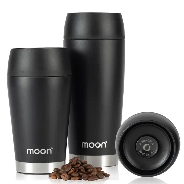Moon 360° Thermobecher – mug isotherme 450 ml, mug à emporter, mug de voyage, isolant et anti-fuite, inox, 100% étanche, ouverture 360°, noir, cadeau de Noël idéal