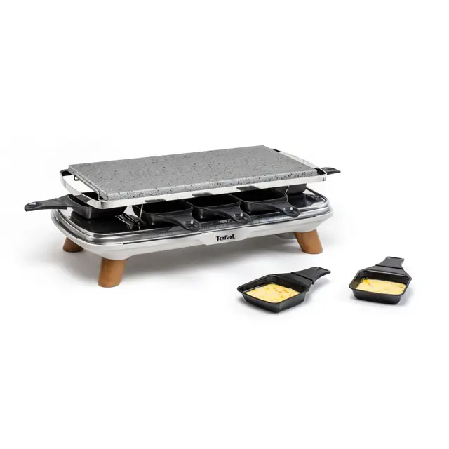 Tefal Raclette Pierrade Gourmet, Raclette pierrade 2-en-1, Utilisation en intérieur, 1350 W, Pierre naturelle, 8coupelles Maxi Profondes, Facile à nettoyer, Gris, Pieds effet bois PR620D12