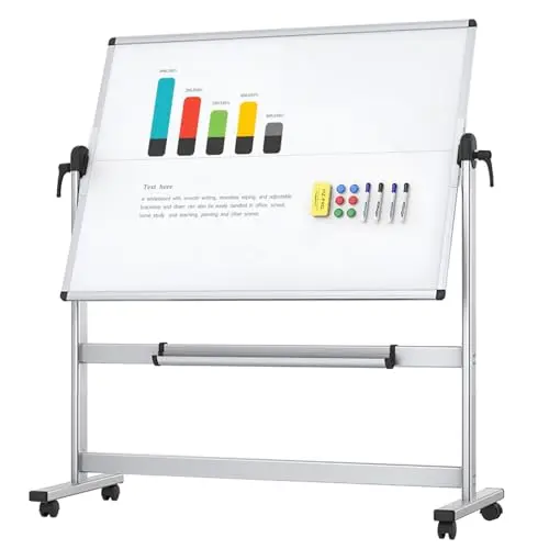 VIZ-PRO Tableau Blanc Mobile Double Face, 120 x 90 cm, Tableau Blanc Magnétique Effaçable à Sec Sur Roulettes Avec Cadre en Aluminium et Support