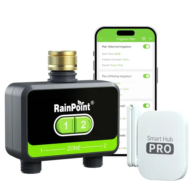 RAINPOINT Programmateur Arrosage WiFi 2 Sorties, entrée en Laiton, minuterie d'arrosage Automatique de Jardin avec Application/Commande vocale, Programmateur d'arrosage Wi-FI pour Serre de Jardin