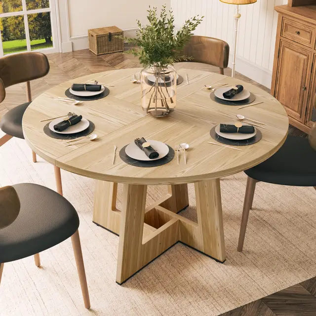 YOUDENOVA Table à Manger 120 cm, Rétro Table Ronde, Table à Manger Bois, Table de Cuisine 4 à 6 Personnes, Convient aux salles à Manger et aux Cuisines, Naturel (Une Seule Table)