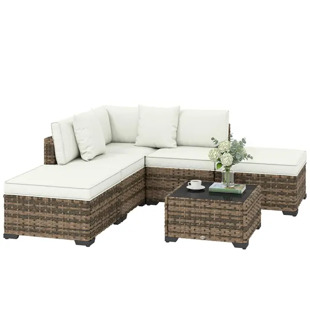 Outsunny Salon de jardin extérieur d'angle 5 places modulable en résine tressée avec canapés, repose-pieds, table basse en verre trempé et coussins, mobilier de jardin, terrasse, patio, crème et jaune