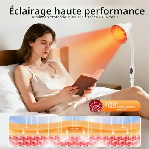 Lampe infrarouge 275 W - Lampe chauffante infrarouge avec pied réglable et orientable à 360° - Pour la relaxation musculaire, la peau, le cou, les mains