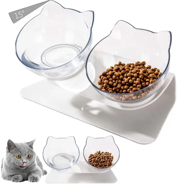 Gamelle pour chat, 2 en 1 Gamelle double 15° Inclinaison antidérapante Gamelle double pour animaux de compagnie, gamelle surélevée pour nourriture pour chats