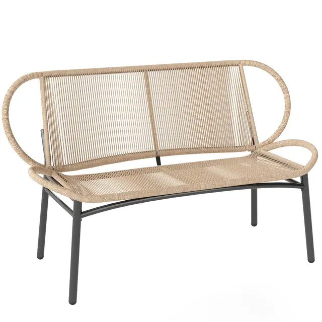 Outsunny Banc de Jardin 2 Places en Résine Tressée, Banc Extérieur, Dossier et Assise Respirants, Résistant aux Intempéries, Cadre en Métal, Capacité 320kg, pour Patio, Terrasse, 138x62x83cm, Naturel